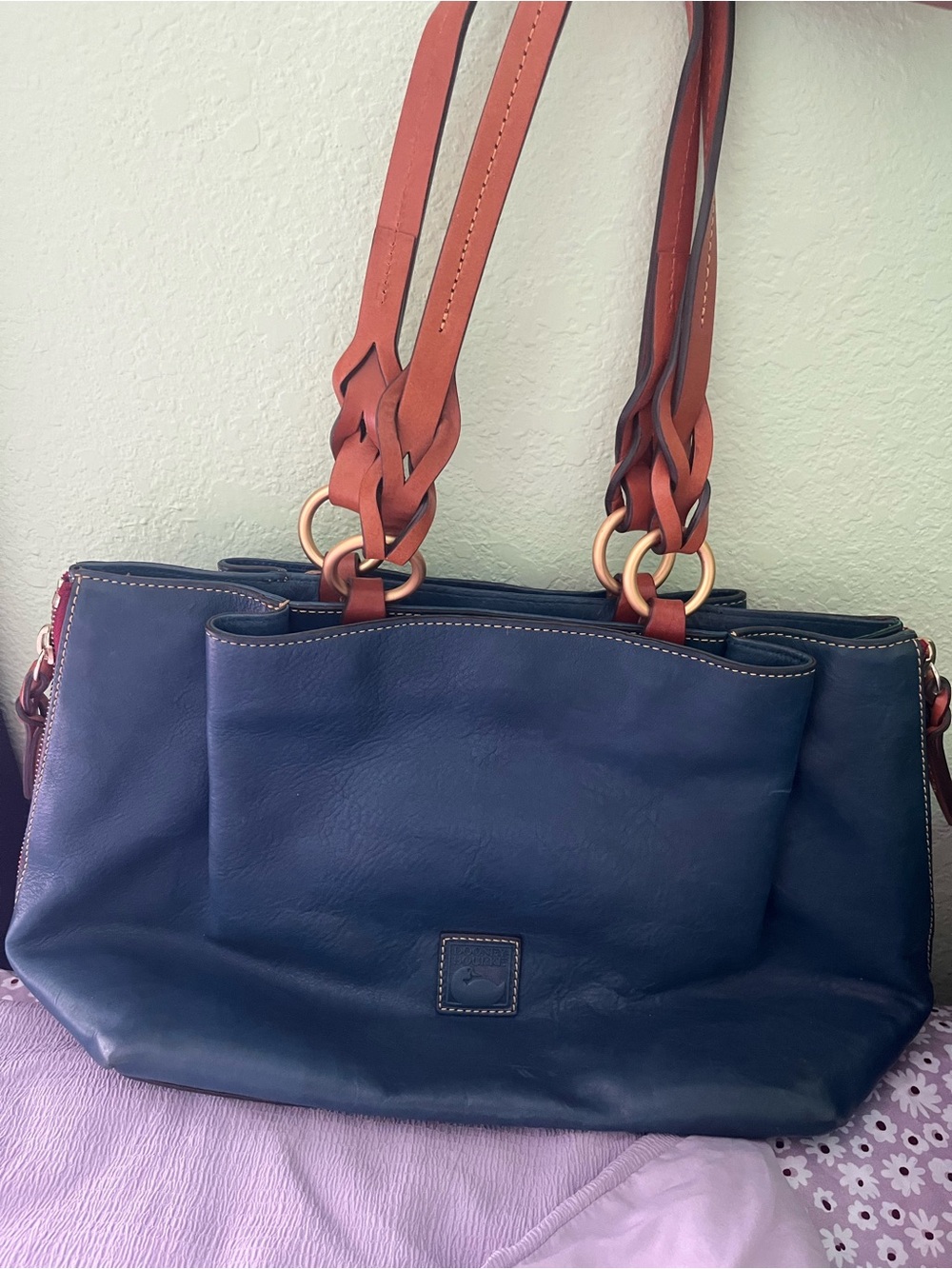 Dooney & Bourke Navy Leather Tote with Brown Braided Straps